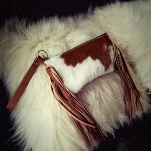 Leather Fringe hair on hide wristlet